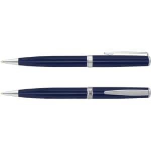 A metal pen set featuring the Pierre Cardin Calais model, displayed in a sleek navy blue color with silver accents.