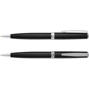 A Pierre Cardin Calais pen set features two elegant metal pens in sleek black with silver accents.