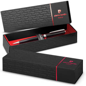 A sleek black metal pen with a silver clip, presented in a stylish black box featuring a logo.