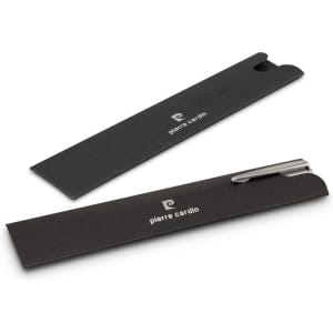 A metal pen in a sleek black case, featuring a simple logo on both the case and the pen.