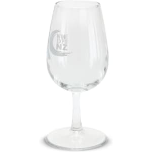 A clear glass wine taster with a stem, featuring a logo on the surface.
