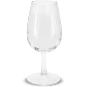 A clear wine glass with a rounded bowl and a slender stem, designed for tasting wine.