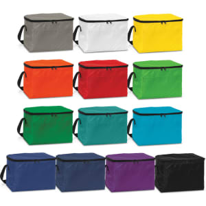 A collection of cooler bags in various colours including grey, white, yellow, orange, green, blue, black, and purple, with handles.