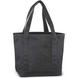 A dark gray tote bag with sturdy handles and a side pocket.
