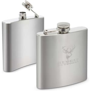 A drink flask in silver with a logo, featuring a secure screw-top lid and a sleek, rounded design.