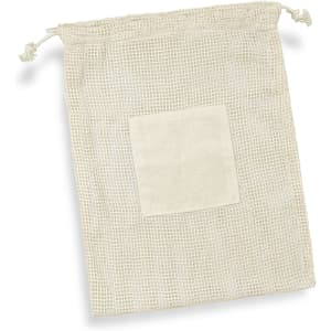 A light beige cotton produce bag with a drawstring closure and a square patch on the front.