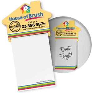 A magnetic memo pad in the shape of a house, featuring a colourful design and a branded logo.