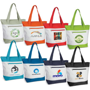 A collection of eight Capella tote bags in various colours, each featuring a logo and a front zip pocket.