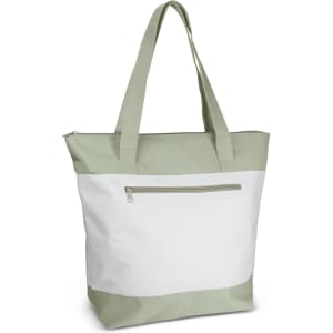 A tote bag featuring a white body and muted green accents, with a zipper pocket on the front and two handles.
