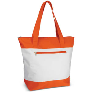 A tote bag with an orange bottom and straps, featuring a white body and a front zip pocket.