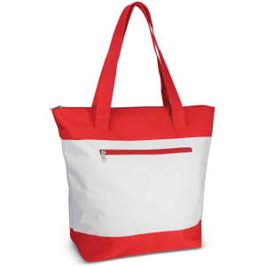 A tote bag in white and red, featuring a zippered pocket and two handle straps. It has a logo on the front.