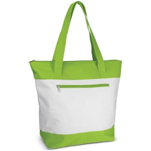 A green and white tote bag with a zippered front pocket and two shoulder straps, featuring a logo.