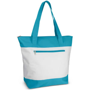 A tote bag featuring a turquoise and white design, with a zippered front pocket and two shoulder straps.