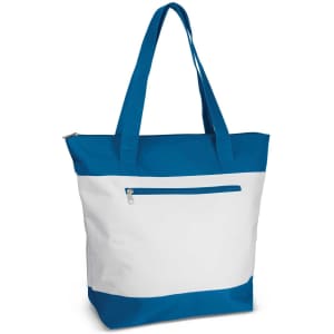 A tote bag featuring a blue top and base with a white middle section, including a zippered pocket.