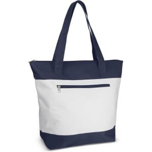 A navy and white tote bag featuring a zippered pocket and two shoulder straps. It has a branding logo on it.