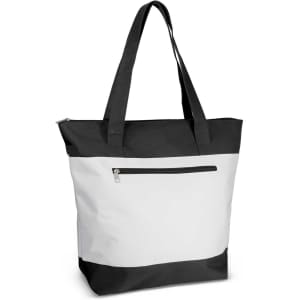 A tote bag in white and black, featuring long handles and a front zippered pocket. The bag has a logo.