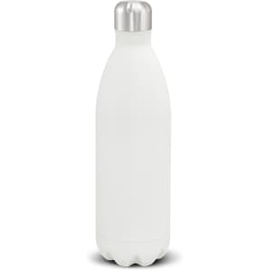 A drink bottle featuring a sleek white design with a silver cap. It has a smooth finish and a logo present.