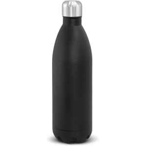A drink bottle with a sleek black design and a silver cap, featuring a one-litre capacity.