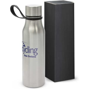 A drink bottle made of stainless steel with a black lid, accompanied by a black box. It features a logo.