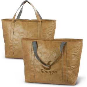 A tan cooler bag with grey handles, featuring a logo on the front, displayed in two views.