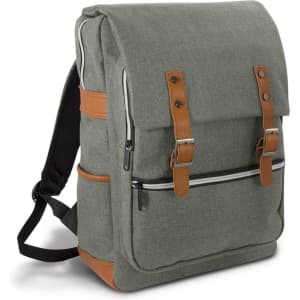 A green backpack with brown straps and a zippered front pocket, featuring a logo on the exterior.