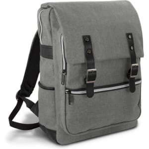 A grey backpack with a flap closure, zippers, and black accents, featuring straps and a branding logo.