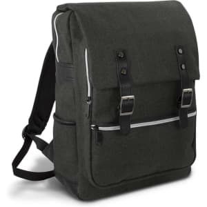 A dark green backpack featuring two front pockets, adjustable straps, and leather accents. It has a logo on it.
