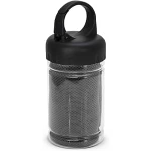 A black tube containing a grey cooling towel, featuring a handle for easy carrying. It has a branding logo.