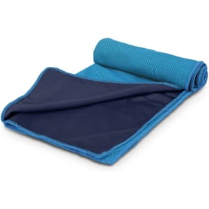 A rolled-up cooling towel in blue and navy, featuring a textured surface and a smooth side. It has a logo.