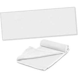 A white cooling towel displayed flat and rolled, featuring a textured fabric and a branding logo.