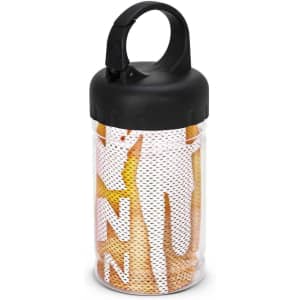 A cooling towel in a clear tube with a black lid, featuring a vibrant design in orange and yellow tones.
