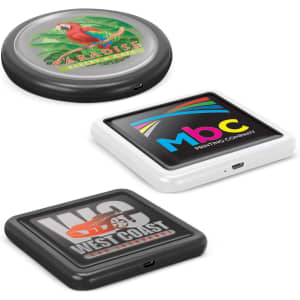 Three wireless chargers in various colours: a black charger, a white charger, and a round charger with a parrot design.