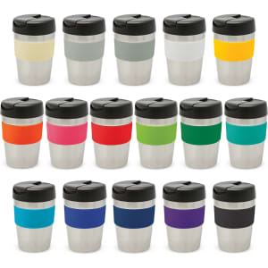 A drink bottle collection featuring stainless steel cups with various coloured silicone bands and black lids.