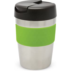 A drink bottle with a stainless steel body, a black lid, and a bright green silicone band. It has a logo.