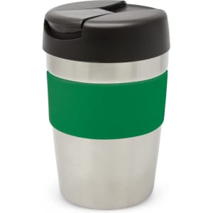 A drink bottle featuring a stainless steel body with a green silicone sleeve and a black lid.