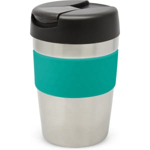 A drink bottle featuring a stainless steel body with a turquoise silicone band and a black flip-top lid.