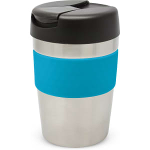 A drink bottle with a stainless steel body, a black lid, and a blue silicone grip. It features a logo.