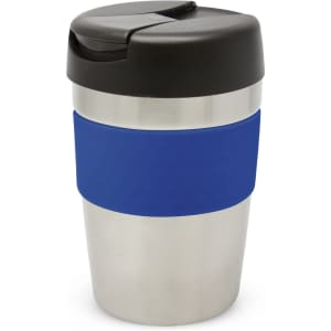 A drink bottle featuring a stainless steel body with a blue silicone grip and a black lid. The capacity is 340ml.