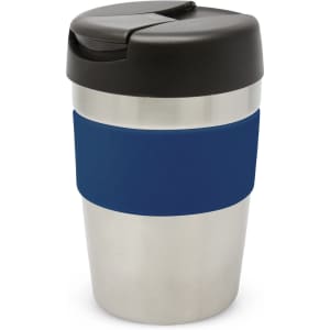 A drink bottle featuring a stainless steel body with a navy silicone grip and a black lid. It includes a logo.