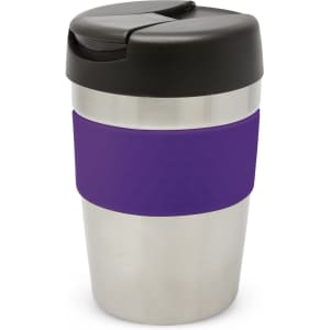 A drink bottle featuring a stainless steel body with a purple silicone grip and a black lid. It includes a branding logo.