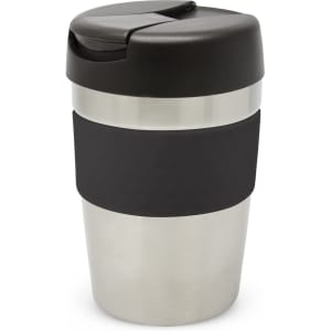 A drink bottle featuring a stainless steel body with a black silicone band and a black lid. It has a sleek design.