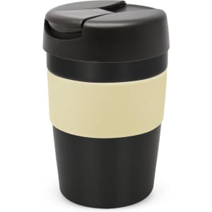 A drink bottle featuring a black body with a cream band and a black lid, equipped with a logo.