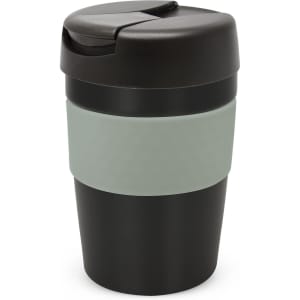 A drink bottle with a black and light green design, featuring a secure lid and a textured grip band.