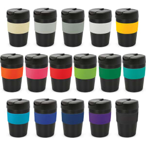 A drink bottle collection featuring various colours with black lids and bands, all displayed in a grid layout.