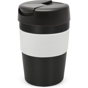 A drink bottle featuring a black exterior with a white band and a black, hinged lid. The capacity of the cup is 340ml.