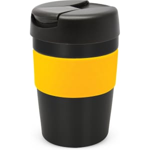 A drink bottle featuring a black body with a yellow band and a black lid, designed for hot or cold beverages.