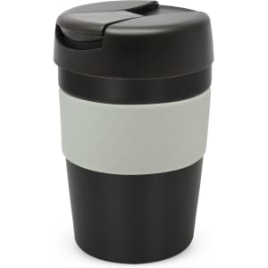 A drink bottle with a black body, grey band, and a black lid, featuring a logo. Holds 340ml.