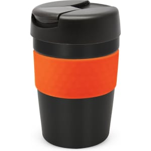 A drink bottle in black with an orange grip, featuring a lid and a sleek design. It has a logo on the surface.