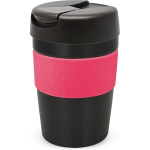 A drink bottle featuring a black body with a pink silicone grip and a black lid. It has a logo on the side.