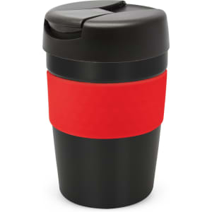 A drink bottle with a black body and a red band, featuring a black lid and a logo.
